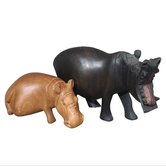 2 hand carved wooden vintage hippos - Picture 1 of 15